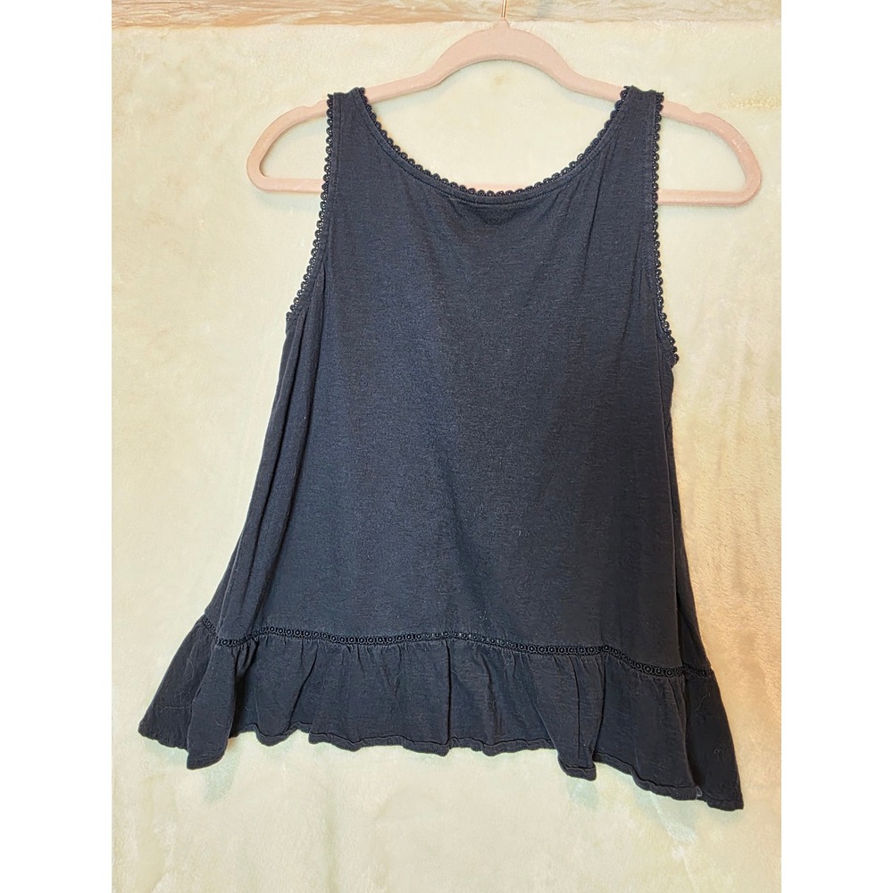LOFT Navy Blue Cotton Ruffle‎ Hem Tank Top Crochet Trim Sleeveless XS